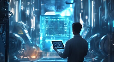 Wall Mural - man holding ipad displaying digital data in futuristic environment