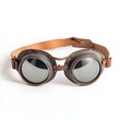 © Who is Santi - A vintage pair of aviator goggles with leather straps and round, mirrored lenses on a white background