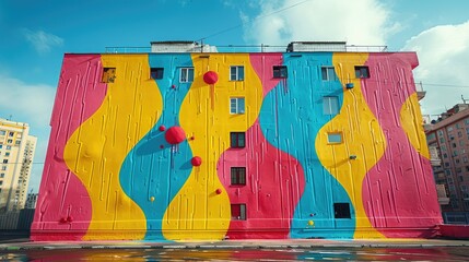 Wall Mural - A vibrant mural on a building featuring bold colors and abstract shapes.