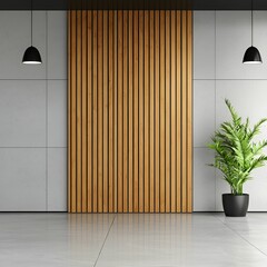 A modern interior featuring a wooden accent wall, minimalist lighting, and a potted plant, creating a stylish and inviting atmosphere.