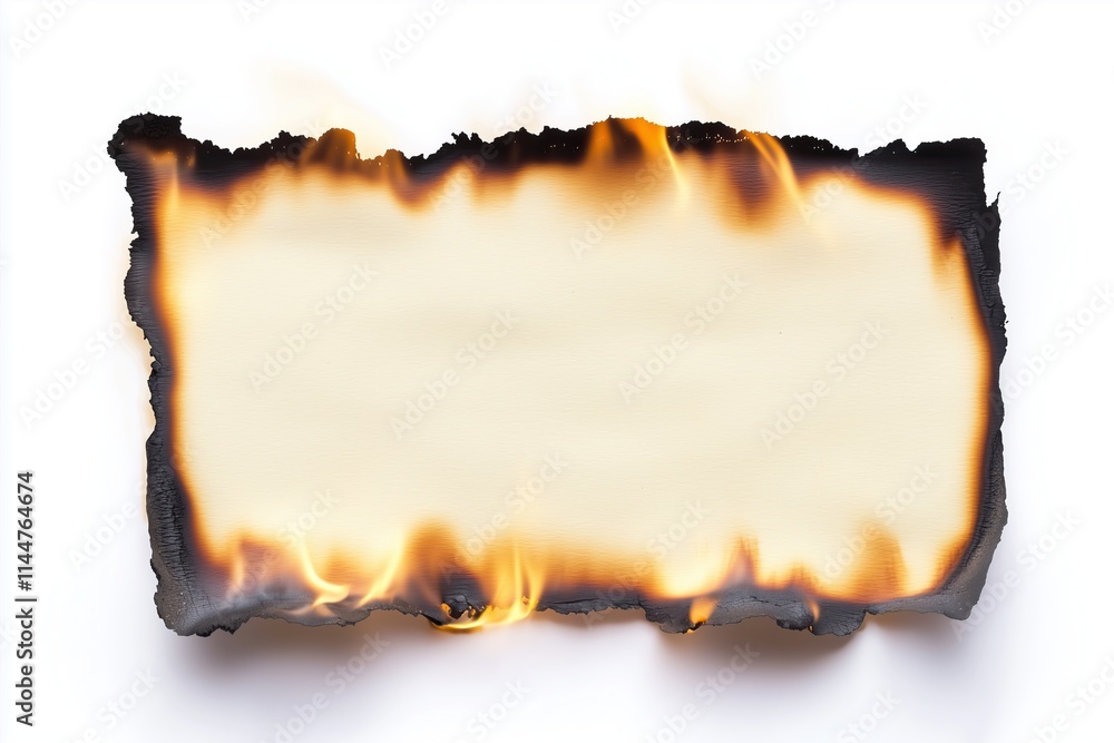 A partially burned sheet of paper with flames on the edges dramatic ...