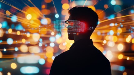 Silhouette of Engineer with Digital Interface - A silhouette of an engineer, glasses reflecting a digital interface, symbolizes innovation, technology, future, progress, and digital transformation.