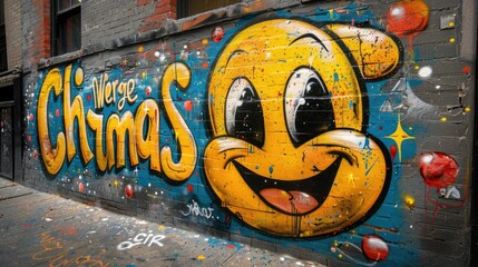 Wall Mural - A vibrant street mural featuring a cheerful yellow smiley face with playful colors and text.