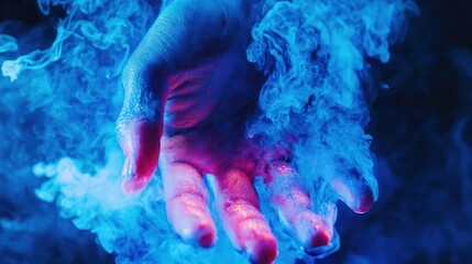 Wall Mural - A hand reaching out from vibrant blue and pink smoke.