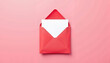 © Rafail - Red envelope with a white letter on a soft pink background for love and correspondence theme