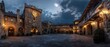 © tanongsak - Moonlit medieval courtyard historic castle night photography enchanting atmosphere wide angle serene landscape