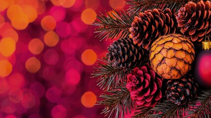 Wall Mural - Festive Christmas arrangement with pine cones and ornaments against a bokeh background.