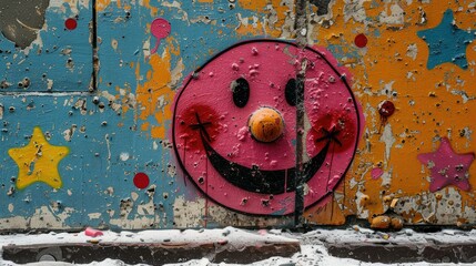 Wall Mural - A vibrant, graffiti-style smiley face on a colorful, weathered wall with stars.