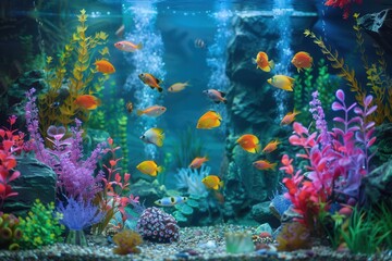 Poster - Colorful aquarium fish swimming amidst vibrant plants in a serene underwater habitat. Generative AI
