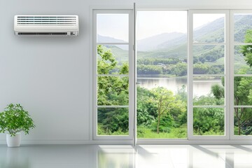 Aufkleber - Air conditioner providing cool air near a wide open window with a view of lush greenery and a serene water body. Generative AI