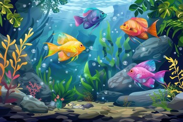 Aufkleber - Brightly colored aquarium fish swimming in a vibrant underwater world with lush plants and rocks. Generative AI