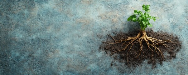 Wall Mural - Close-Up of Freshly Pulled Plant with Exposed Root System on Textured Blue Background Highlighting Contrast Between Organic Growth and Surface