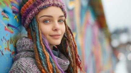 Wall Mural - A young woman with colorful hair poses against a vibrant graffiti wall.