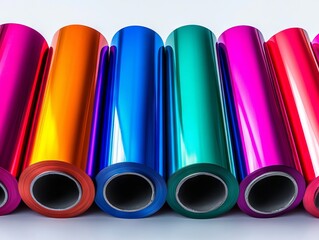 Wall Mural - A group of rolls of colorful metallic foil on a white background