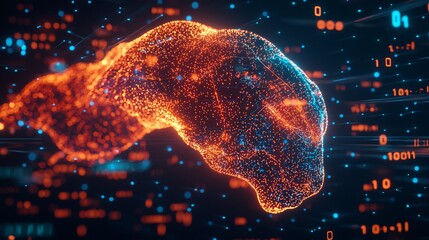 Orange brain neural network with binary data code.