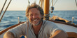 © laddawan - A man, looking content and joyful, sails on the open sea during a sunset, encapsulating a sense of adventure, freedom, and the ocean's tranquility.