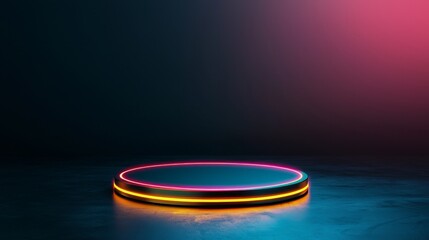 Wall Mural - A circular platform illuminated by colorful neon lights against a dark background, creating a vibrant and modern atmosphere.