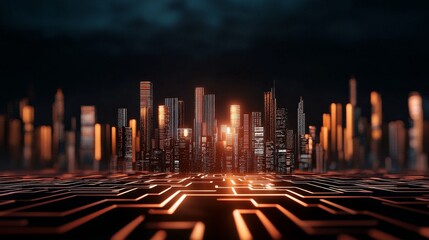 Wall Mural - A futuristic cityscape illuminated by orange lights, set against a dark backdrop, resembling a circuit board.