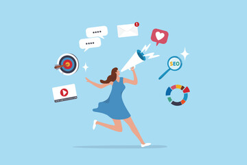 Marketing strategy, communication for online website, social media or market research, advertising, seo optimization or marketing campaign concept, woman speak on megaphone with marketing elements.