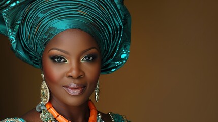 Wall Mural - Portrait of a woman wearing traditional and elegant teal headwrap and jewelry, with a focus on cultural attire and fashion representation