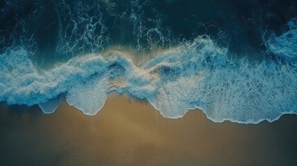 Sticker - Aerial view of ocean waves creates a stunning scene, with foamy white sea waves gracefully flowing onto the beach, under abstract, cloudy lighting, providing ample copy space.