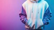 © Studio - Purple, white, and blue hoodie captures the essence of casual sport fashion for adult and teenage baseball athletes. This image offers a vibrant photo style with ample copy space.
