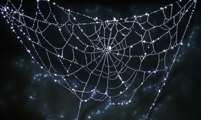 Dew-covered spiderweb, glistening, dark background.