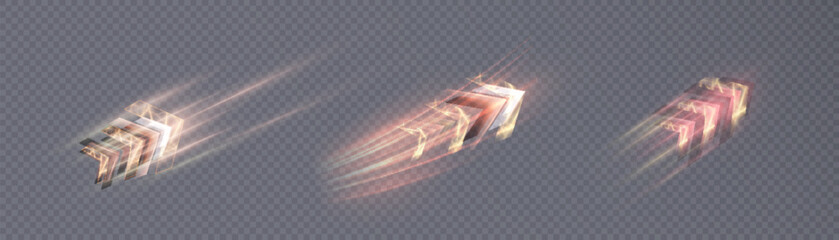 Poster - Glowing stream of light energy of golden glow. Light arrow of direction of movement. Vector on black background for design and illustrations of game interfaces and advertising.