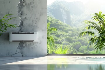 Poster - Air conditioner mounted on wall beside open window with lush green landscape view during bright day. Generative AI