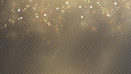 Poster - Golden bright dust of light bokeh and glitter. Festive glowing bokeh and sparkles overlay texture for your design on transparent background. Golden particles abstract vector background.	