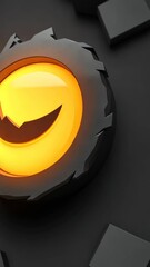 Wall Mural - bright circular emblem with a stylized grin, illuminated against a dark background, showcasing moder