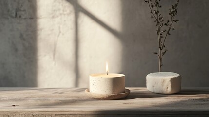 Wall Mural - Detox candle accompanied by a tofu candle holder, highlighted by a minimalist design that enhances its aesthetic appeal on a wooden table. The scene provides ample copy space.