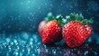© Studio - Close-up of fresh, ripe strawberries adorned with water droplets creates a vivid image of deliciousness. This vibrant photo captures the essence of juicy strawberries, with ample space for text.