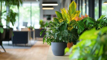 Wall Mural - A contemporary office interior brimming with vibrant indoor plants, creating a refreshing atmosphere and offering ample space for design elements. Ideal for inspiring work environments.