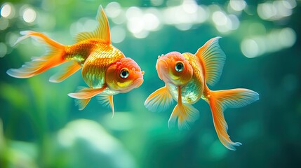 Two goldfish swimming gracefully in a clear water setting, emphasizing the beauty of the goldfish. Ample copy space enhances the visual appeal of the goldfish.