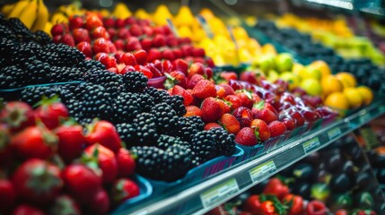 Wall Mural - Fresh berries including strawberries, raspberries, and blackberries in a market display