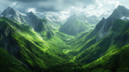 Sticker - Lush green mountain valleys create a captivating landscape of tranquility and beauty. This image captures the essence of serene mountain valleys in vibrant shades of green with ample copy space.