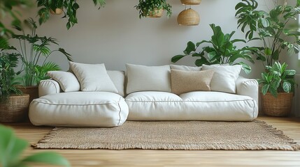 Poster - Modern, minimalist living room with a white sectional sofa and plenty of greenery, highlighting a relaxed, nature-inspired aesthetic..