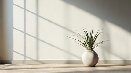 Wall Mural - Neutral light illuminates a naturally elegant home interior, highlighting an air plant in a stylish vase. This serene setting creates an inviting atmosphere with ample copy space.