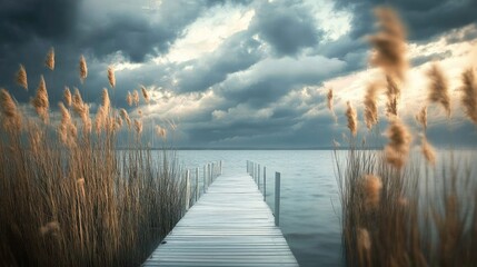 Sticker - A pier with white planks extends into calm lake waters, framed by tall grasses, under a dramatic sky, and offers abundant photo style copy space for creativity.