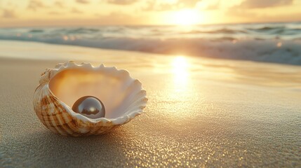 Poster - Ocean sunrise, seashell, pearl on beach.