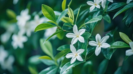 Sticker - Elegant white flowers with delicate green leaves create a gentle and beautiful scene. This image of elegant white flowers provides a serene atmosphere with ample copy space.