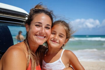 A mother and her young daughter share a joyful embrace on a sunny beach, showcasing the warmth and happiness of family connections under a bright sky.