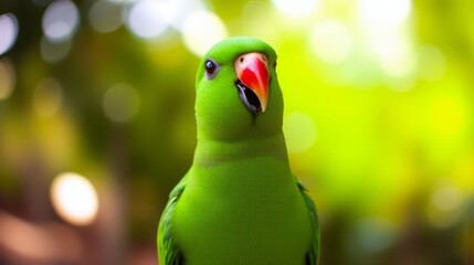 Canvas Print - A green parrot with a red beak sitting on a branch