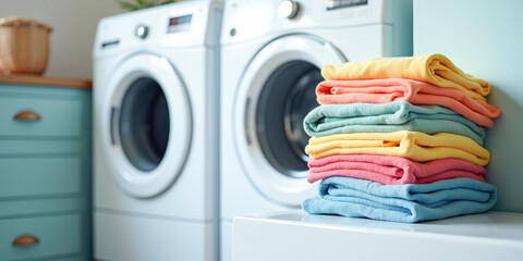 Fototapete - a stack of colorful clean clothes against the background of a washing machine in the laundry room