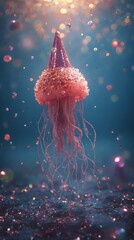 Wall Mural - A pink jellyfish floating in the ocean with bubbles