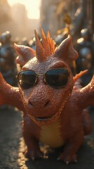 Wall Mural - A toy dragon wearing sunglasses standing in front of a group of soldiers