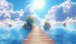 © Niki - A wooden bridge leading to an island in the middle of clear blue water, with white clouds