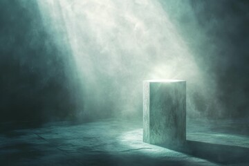 Poster - Stone block, ethereal fog, spotlight, dark floor.