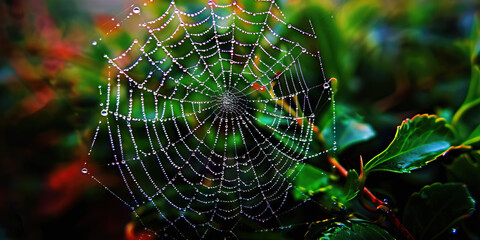 Dew-Covered Spiderweb in Foliage